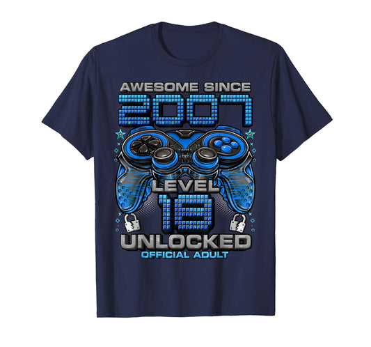 Level 18 Unlocked Awesome Since 2007 18th Birthday Gaming T-Shirt