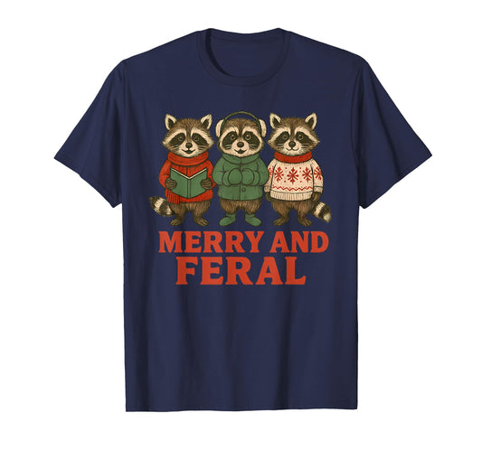 Merry and Feral Funny Raccoon Christmas T-Shirt