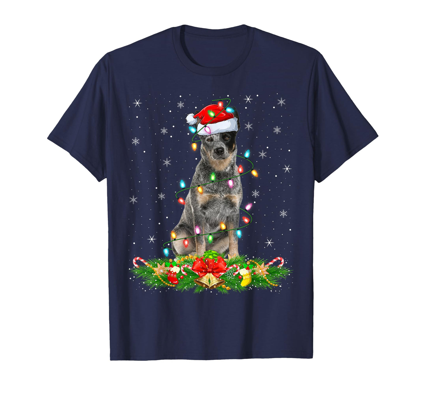 Blue Heeler Dog Christmas Lights Funny Santa Hat Xmas T-Shirt