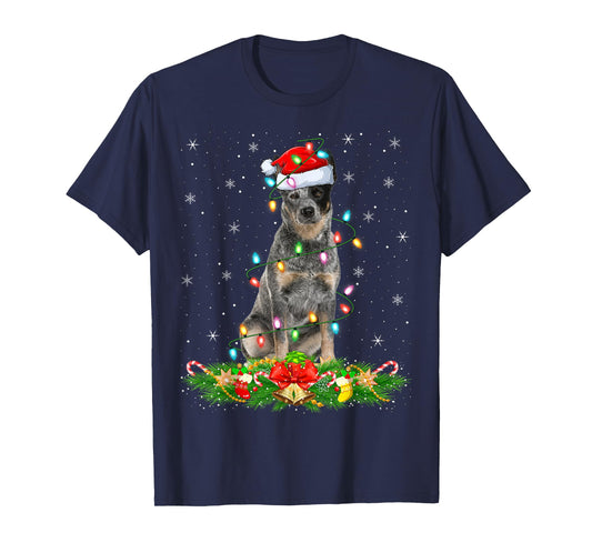 Blue Heeler Dog Christmas Lights Funny Santa Hat Xmas T-Shirt