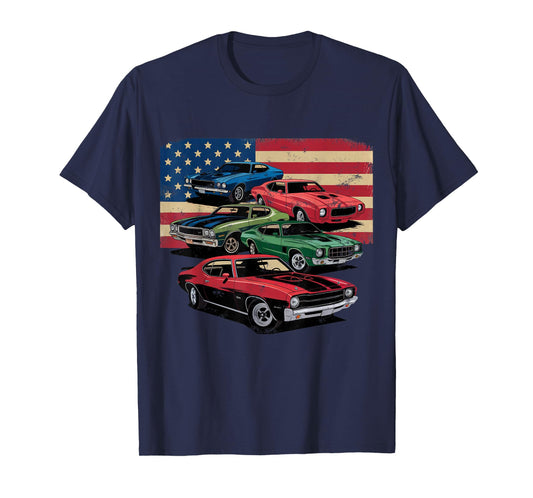 Patriotic American Flag Vintage Muscle Car T-Shirt