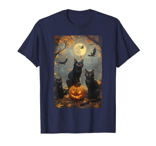 Vintage Three Black Cats Halloween Pumpkin Costume Cat Lover T-Shirt for Men Women Kids