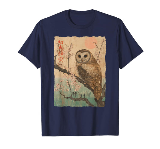 Wise Owl and Cherry Blossoms tree Japanese Woodblock art T-Shirt