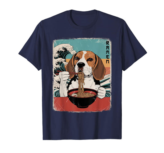 Beagle Eat Ramen Noodles Japanese Art Retro Ocean Waves T-Shirt