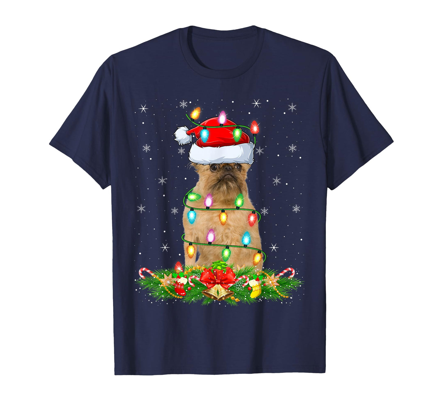 Brussels Griffon Dog Christmas Lights Funny Santa Hat Xmas T-Shirt