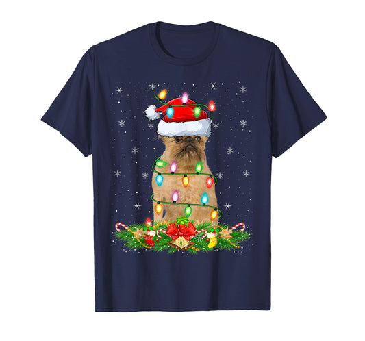 Brussels Griffon Dog Christmas Lights Funny Santa Hat Xmas T-Shirt