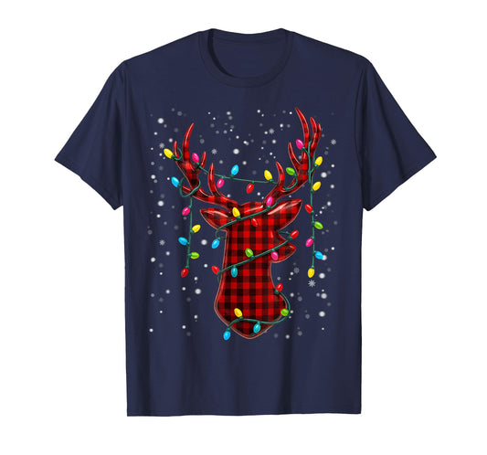 Graphic Plaid Rudolph Christmas Tree Light Xmas Men T-Shirt