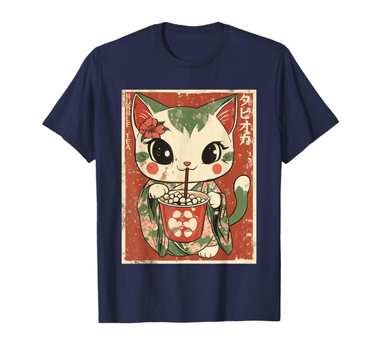 Kawaii Japanese Kimono Cat Bubble Tea Art T-Shirt