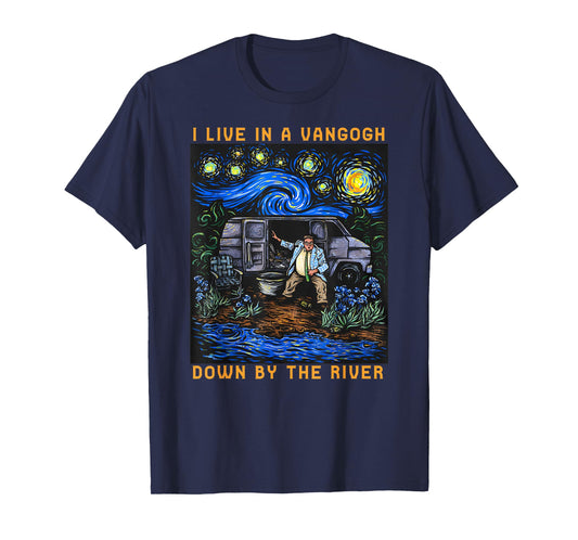 River Beautiful Day I Live In A Van-Gogh Down Black Cotton 100% Classic Fit Crew Collar Short Sleeve Unisex-Adults Small T-Shirt