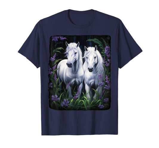 2 Horses standing in a meadow with flowers T-Shirt