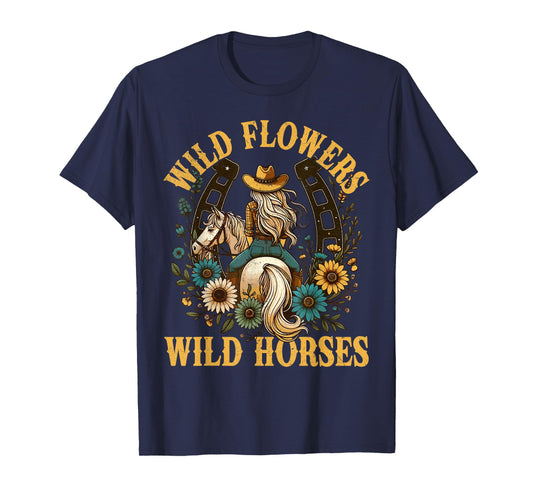 Retro Southern Sunset Cowgirl Wild Flowers - Wild Horses T-Shirt