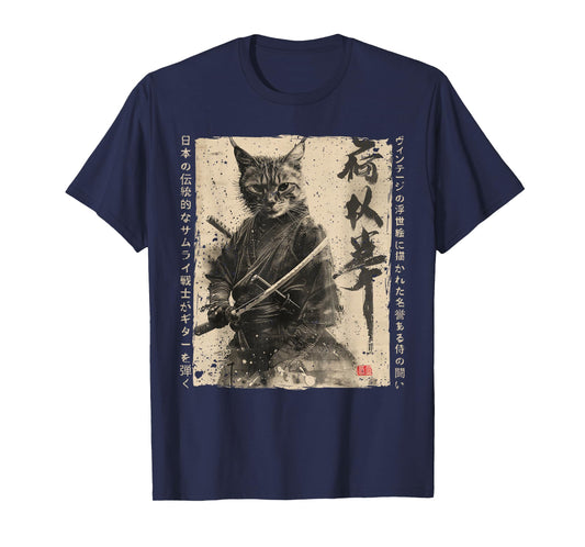 Samurai Cat Warrior Ukiyo Ink Artwork Cat Samurai T-Shirt