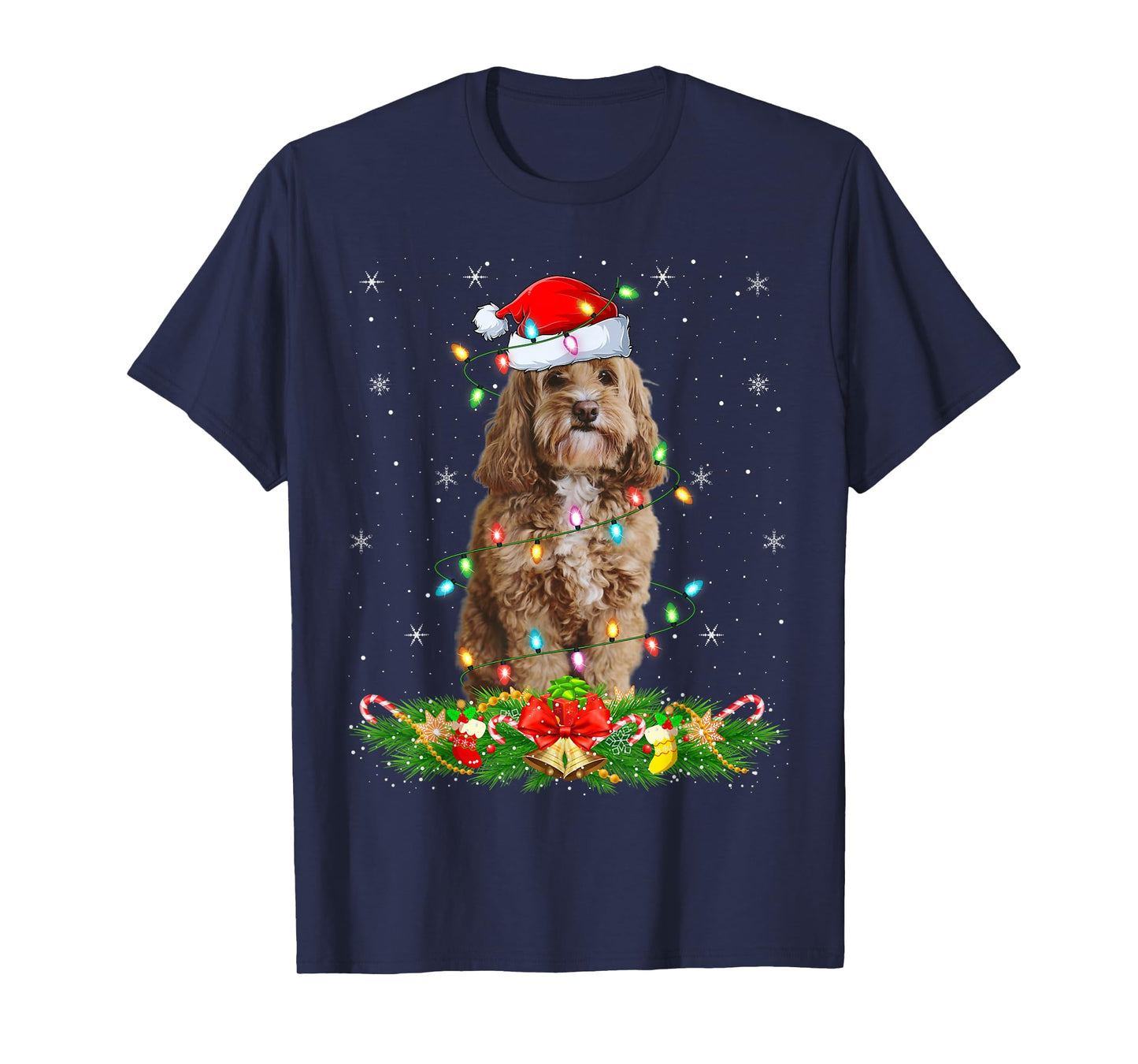 Cockapoo Dog Christmas Lights Funny Santa Hat Xmas T-Shirt