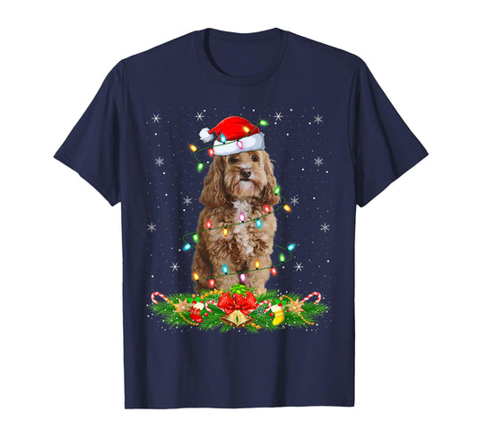 Cockapoo Dog Christmas Lights Funny Santa Hat Xmas T-Shirt