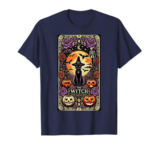 Vintage Gothic The Witch Black Cat Tarot Card Halloween 2024 Men Women Kids T-Shirt