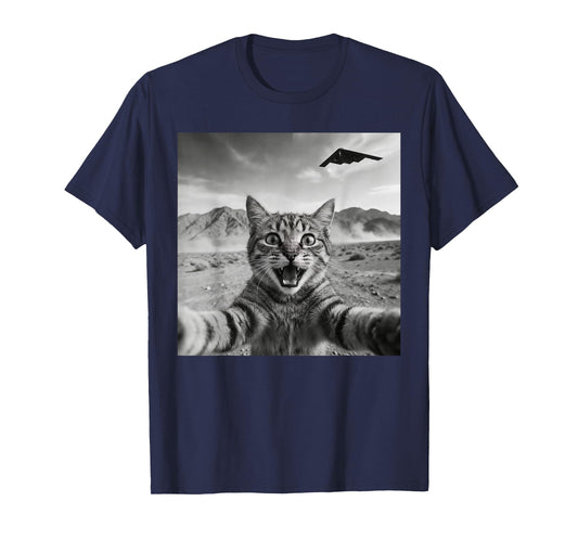 B-2 Bomber Stealth Flyover USA UFO Aircraft Funny Cat Selfie T-Shirt - T-Shirt | Navy