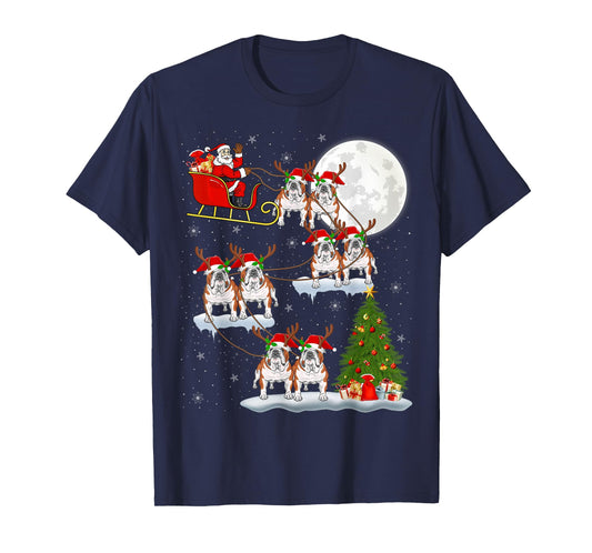 English Bulldog Santa Sleigh Flying Funny Magical Christmas T-Shirt