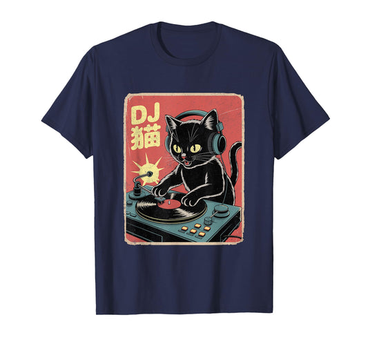 DJ Cat Cool Music Japanese Black Cat DJing Funny Cat Lover T-Shirt