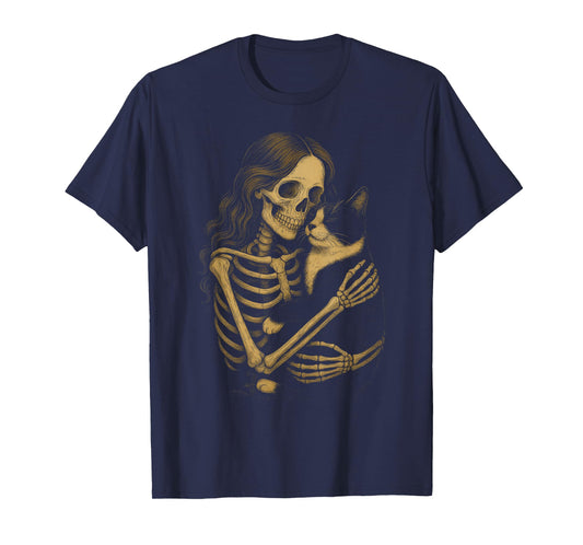 Vintage Skeleton Hugging Tuxedo Cat Halloween Cat Mom Women T-Shirt