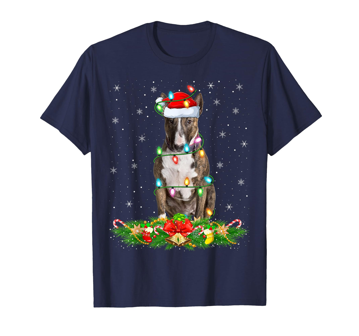 Bull Terrier Dog Christmas Lights Funny Santa Hat Xmas T-Shirt
