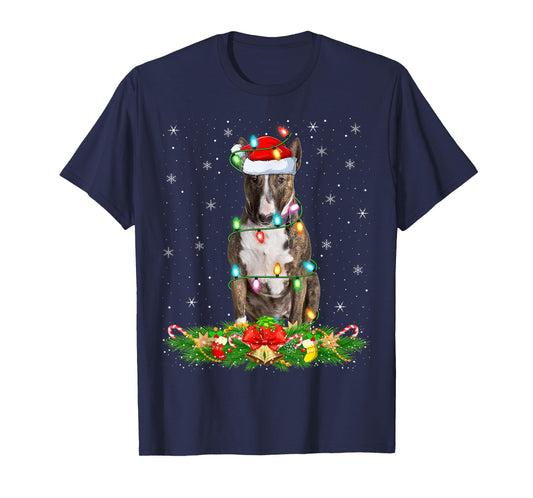 Bull Terrier Dog Christmas Lights Funny Santa Hat Xmas T-Shirt