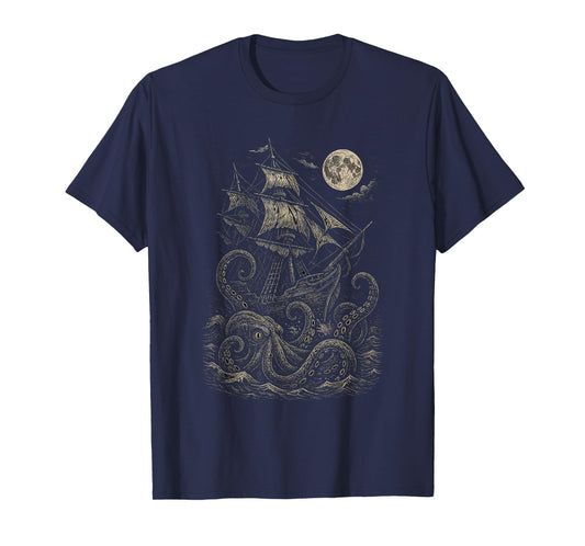Vintage Pirate Ship Attacked by Sea Monster Kraken T-Shirt