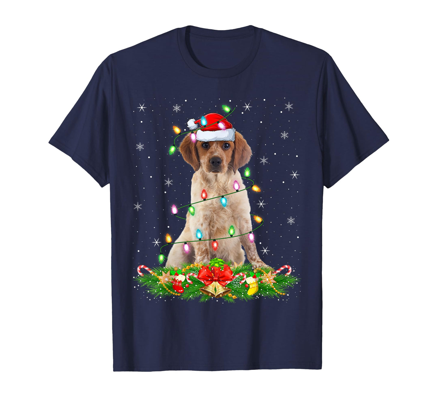 Brittany Spaniel Dog Christmas Lights Funny Santa Hat Xmas T-Shirt