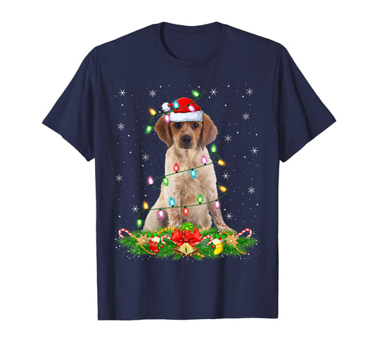 Brittany Spaniel Dog Christmas Lights Funny Santa Hat Xmas T-Shirt