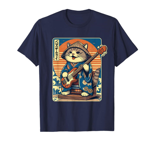 Japanese Samurai Cat Playing The Bass T-Shirt