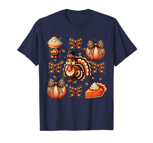 Turkey Drinking Coffee Bow Thanksgiving Womens Turkey Day T-Shirt