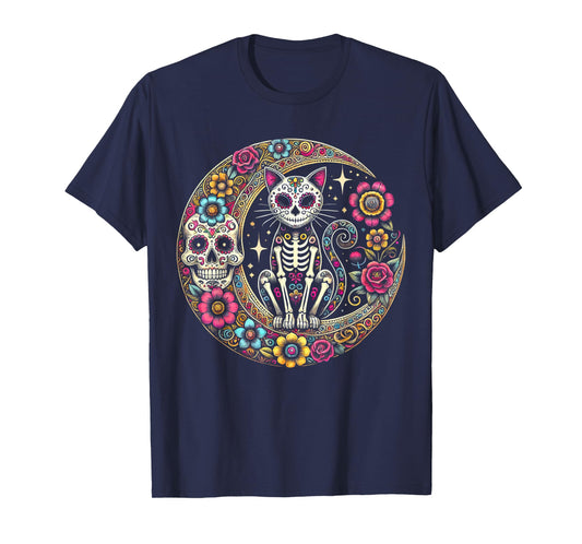 Cat Moon Dia De Los Muertos Day Of The Dead Sugar Skull T-Shirt