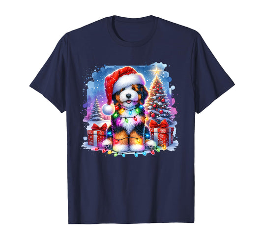 Festive Bernedoodle Dog Santa Hat Christmas Tree Lights T-Shirt