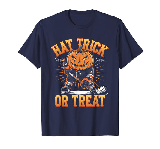 Halloween Hat Tricks Or Treat Ice Hockey Player Pumpkin Head T-Shirt