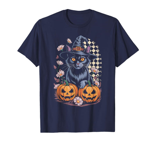 Cute Witch Cat Halloween Pumpkin Floral Aesthetic Tee T-Shirt