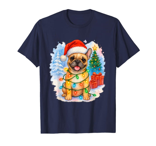 Festive French Bulldog Santa Hat Christmas Tree Lights T-Shirt