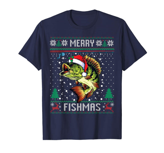 Merry Fishmas Bass Fish Fishing Christmas Ugly Sweater Xmas T-Shirt