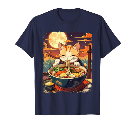 Cat Eating Ramen Japanese Noodles Vintage Ukiyo-e Art T-Shirt