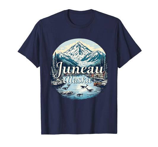 Vintage Juneau Alaska Sunset Skyline Mountains Cityscape T-Shirt