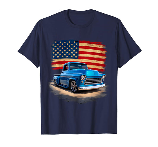 Classic Old Pickup Truck American Flag 4th of July Patriotic T-Shirt