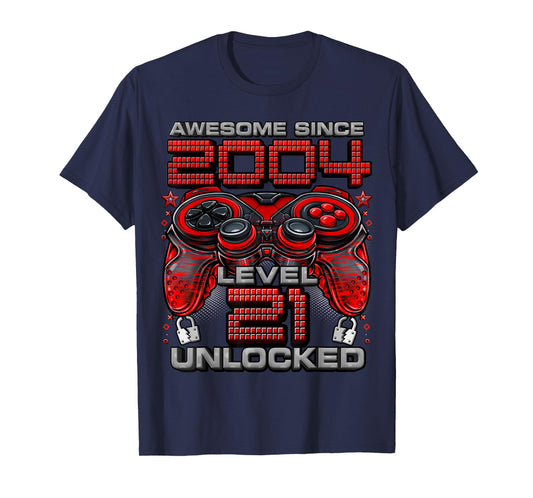 Level 21 Unlocked Awesome Since 2004 21st Birthday Gaming T-Shirt
