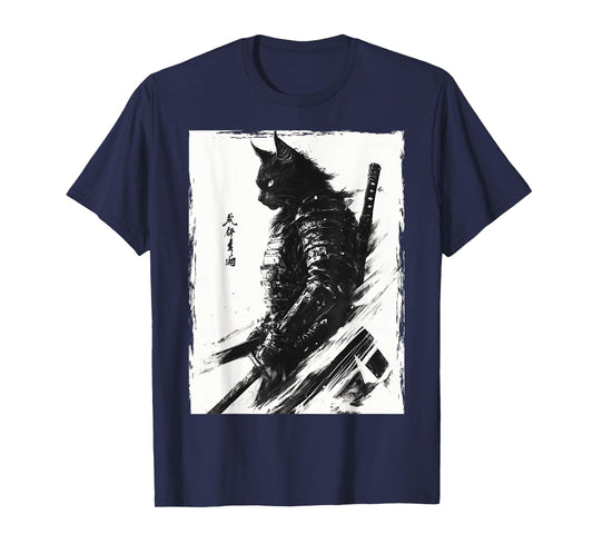 Samurai Warrior Cat Graphic Tee Vintage Japanese Art Anime T-Shirt