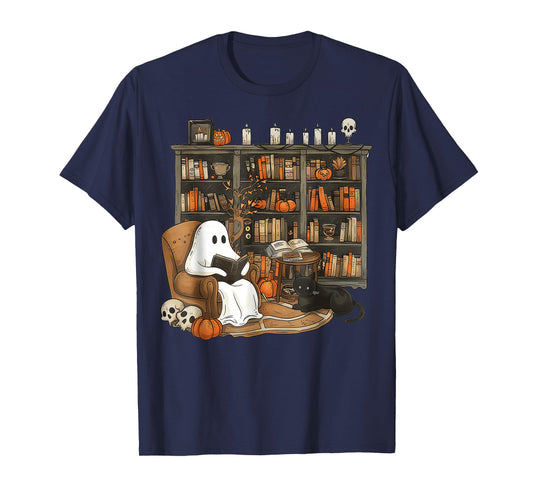 Retro Ghost Reading Books cat, Librarian Ghost Halloween T-Shirt
