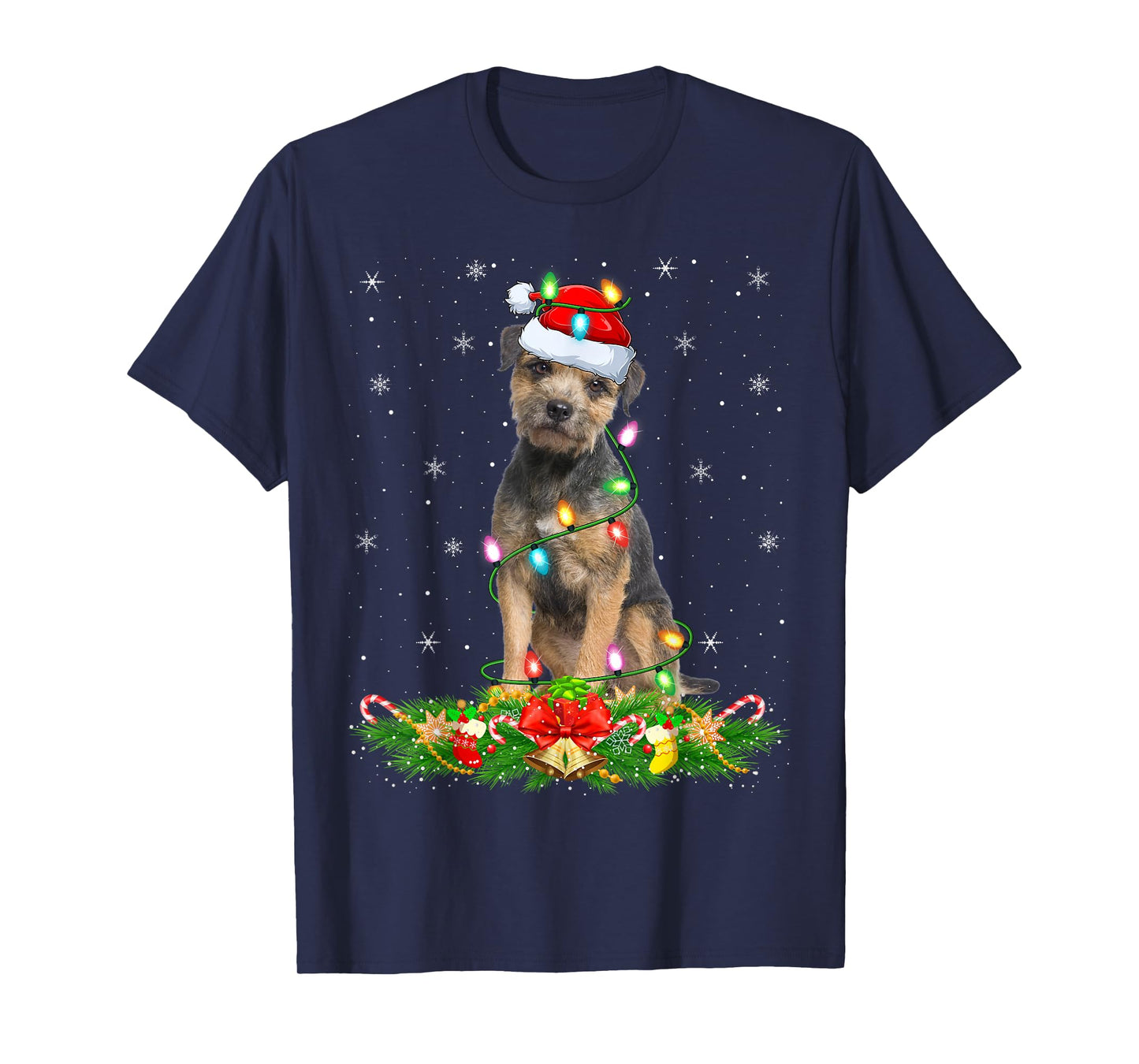 Border Terrier Dog Christmas Lights Funny Santa Hat Xmas T-Shirt