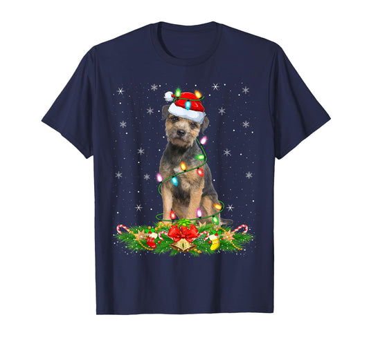 Border Terrier Dog Christmas Lights Funny Santa Hat Xmas T-Shirt