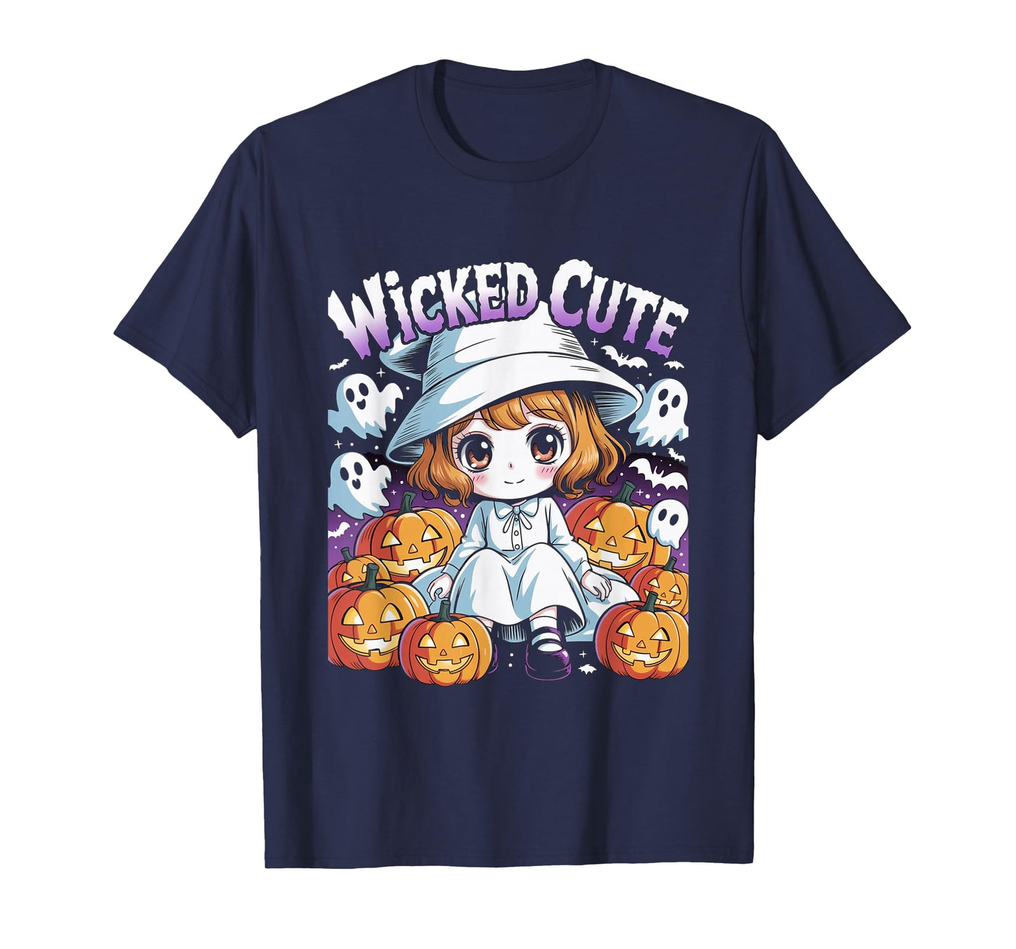 Halloween Anime Cute Witch Girls Pumpkin Bats Ghosts Kids T-Shirt