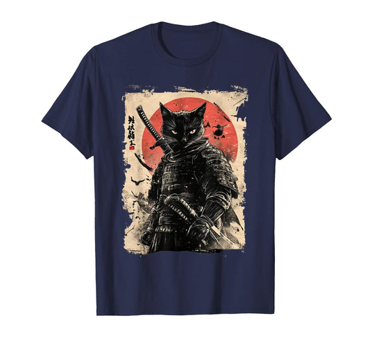 Vintage Japanese Art anime graphic samurai cat warrior T-Shirt for Men Women Kids