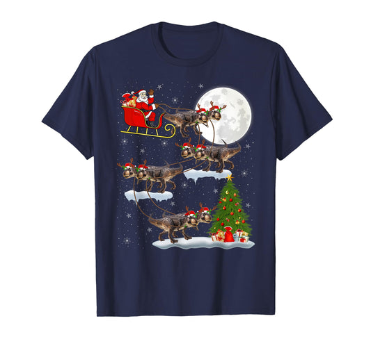 Dinosaur T-Rex Santa Sleigh Flying Funny Magical Christmas T-Shirt