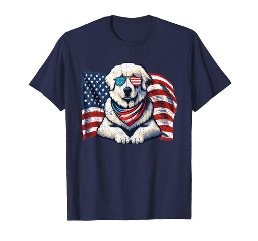 Great Pyrenees Dogs USA Flag Sunglasses Patriotic Vintage T-Shirt