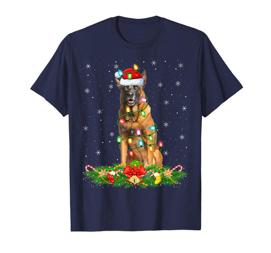 Belgian Malinois Dog Christmas Lights Funny Santa Hat Xmas T-Shirt