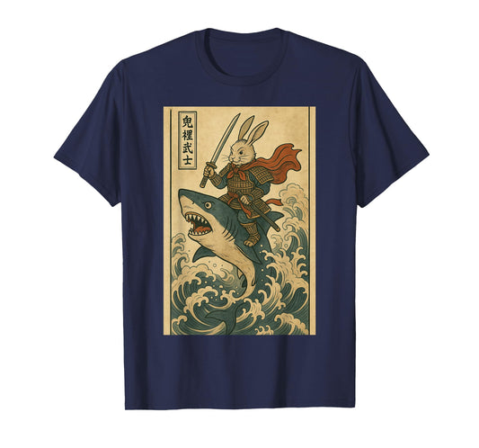 Vintage Japanese Anime Bunny Rabbit Samurai Riding Shark T-Shirt